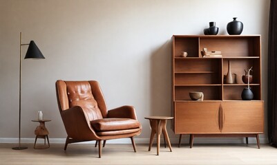 Fototapeta premium interior of living room, leather armchair with wood cabinet on white wall and wood floor