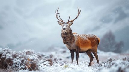A magnificent red deer stands alert amidst a light snowfall, with a backdrop of muted winter tones. Majestic Red Deer in Light Winter Snowfall.