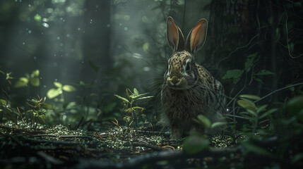 In the golden sunlight, a cautious rabbit cautiously peers out from under the trees. - obrazy, fototapety, plakaty