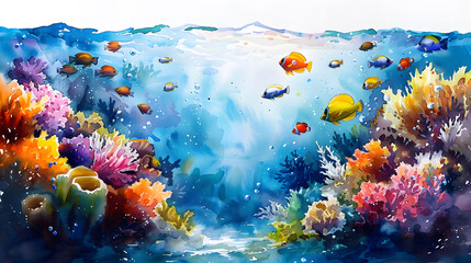 Watercolor Painting of Vibrant Underwater Seascape with Colorful Coral and Marine Life, Tranquil Ocean Scene, Diverse Marine Life, Explore the Beauty of Sea and Coastal Decoration.