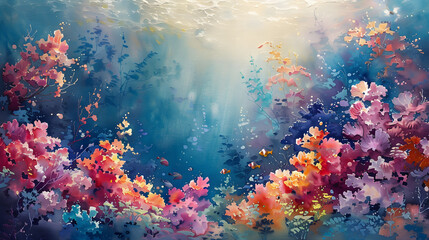 Watercolor Painting of Vibrant Underwater Seascape with Colorful Coral and Marine Life, Tranquil Ocean Scene, Diverse Marine Life, Explore the Beauty of Sea and Coastal Decoration.