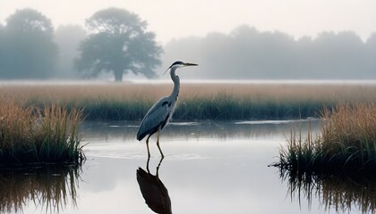A watchful heron standing still at the water's edge in a misty marshland, A solitary bird stands gracefully in still waters, People and Property are fictional.