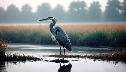 A watchful heron standing still at the water's edge in a misty marshland, A solitary bird stands gracefully in still waters, People and Property are fictional.