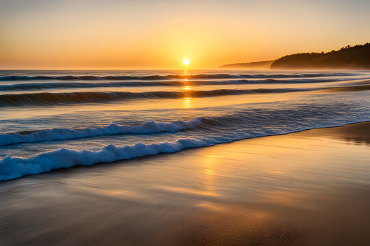 a serene beach scene at sunrise with golden sunlight reflecting off calm waves