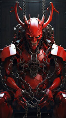 3d rendered illustration of a robot devil or robotic demon with horns or person in a mask or person in a suit or chained devil robot