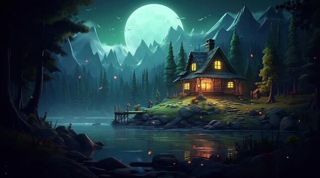 Night Fantasy House Overlooking Tranquil Lake  Seamless looping 4k time-lapse virtual video animation background. Generated AI