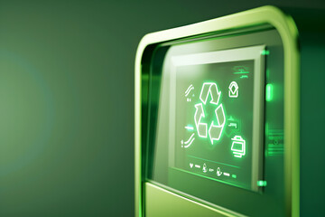 An opaque image of a recycle bin with a glossy finish, showcasing digital displays of recycling stats, against a sea green background.