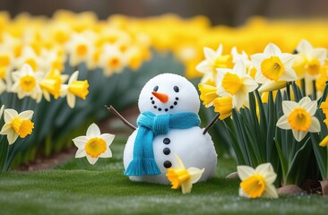 Tiny snowman sits amidst a group of vibrant daffodils, a charming representation of winter's farewell and spring's welcome.