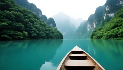 boat on a lake with the sun setting behind the mountains