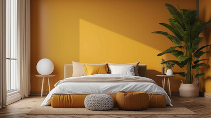 An inviting bedroom in shades of mustard yellow, furnished with sleek and modern minimalistic pieces.