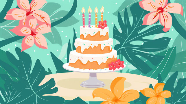 An illustration of abirthday cake on a table with a variety of colorful tropical flowers surrounding it, creating a vibrant and festive setting