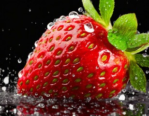 strawberry with water droplets on black background