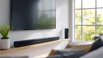 Soundbar in modern cozy living room listening the music