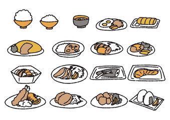 日本の食卓に並ぶメニューのイラストセット