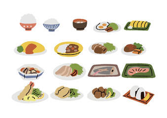 日本の食卓に並ぶメニューのイラストセット