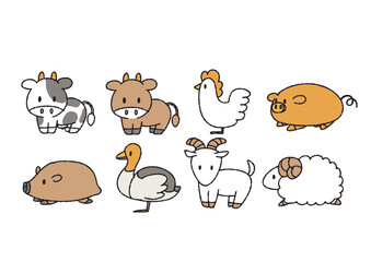 家畜、食用肉になる動物の可愛いアイコンセット