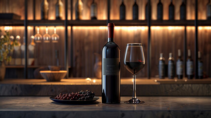 Behold a wine bottle in a velvety burgundy hue and a frosted cobalt glass, promising a bold flavor.