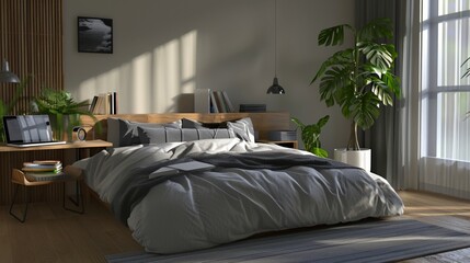 Photo of luxury minimalism bedroom, with bed, desk, laptop, and plant
