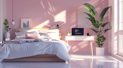 Obraz premium Photo of luxury minimalism bedroom, with bed, desk, laptop, and plant