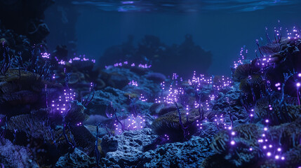 Beneath the ocean's surface lies a mesmerizing coral reef, illuminated by bioluminescent creatures...
