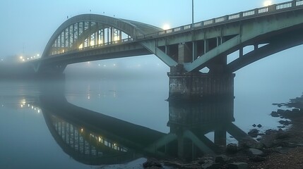 A bridge over the river in the morning fog. Mystical and mysterious atmosphere of the landscape. Generative AI - obrazy, fototapety, plakaty
