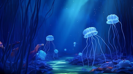 blue background, Subtle navy blue gradient with soft waves and ripples, creating a calming aquatic scene, Glowing bioluminescent jellyfish floating gracefully,