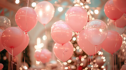 Blush pink balloons floating amidst holiday decorations, creating a soft and romantic ambiance. - obrazy, fototapety, plakaty