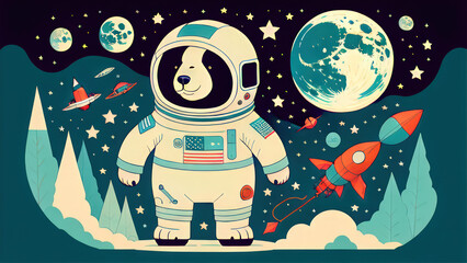 illustration of a bear and the moon or illustration of a bear or polar bear cub or polar bear in the snow or polar bear on the ice or bear alien in the space or bear on the moon