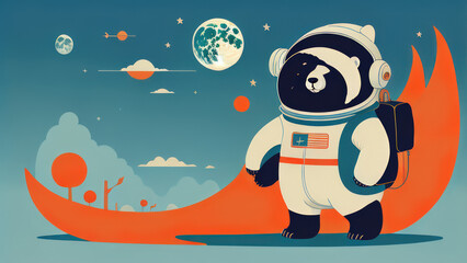 Naklejka premium illustration of a bear and the moon or illustration of a bear or polar bear cub or polar bear in the snow or polar bear on the ice or bear alien in the space or bear on the moon