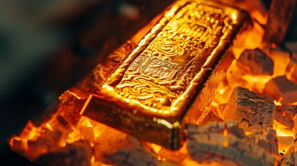 The intricate patterns forming as a gold bar begins to melt in a furnace up-close