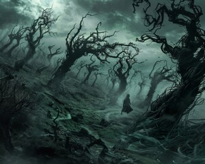 An eerie landscape shrouded in darkness with twisted trees and skeletal figures moving with unnatural speed and agility