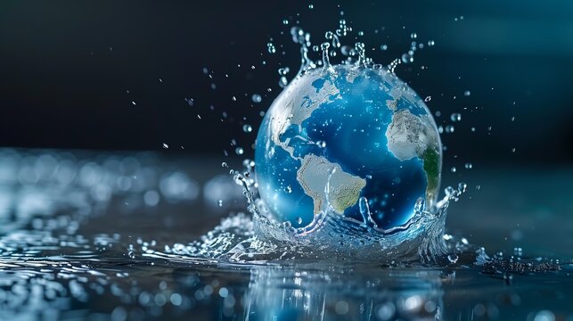 Water droplets forming the shape of continents on a globe, emphasizing the interconnectedness of water resources worldwide, Global water awareness concept