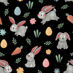  Easter rabbits, eggs and carrots seamless pattern. Hand drawn cute baby hare in grass  scattered on black background. Eggs hunt allover illustration 