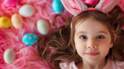 Obraz na płótnie Canvas Portrait of a little girl with bunny ears and easter eggs 
