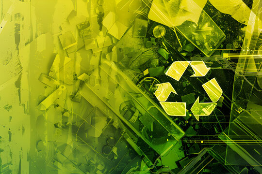 An opaque image of a recycling facility with a textured surface, highlighting renewable energy sources, with a subtle digital overlay, against a lime green background.
