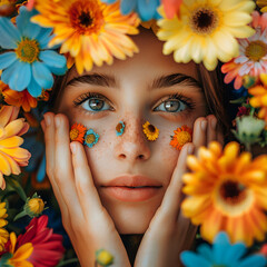 Colorful flowers adorn the womans hair, framing her face in a stunning bouquet