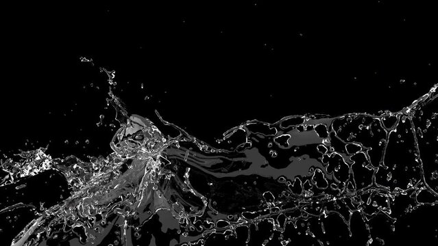 Closeup Slow motion Water splashing isolate on black background. 3D animation.	 4K
