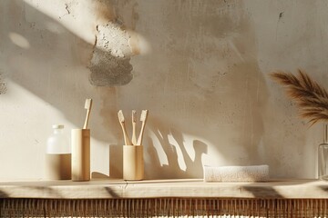 A minimalist lifestyle scene with eco-friendly products like bamboo toothbrushes