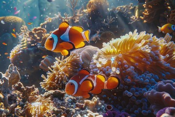Fototapeta na wymiar A pair of clownfish weaving through coral reefs in a sunlit sea