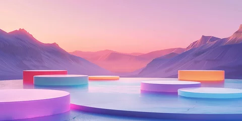 Keuken spatwand met foto stadium, a colorful, minimalist circular empty product stand standing tall against the quiet mountains. mountains, lake, sunset, sunrise landscape © atitaph