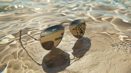 Obraz premium A pair of stylish sunglasses with a reflection of the ocean on a seamless sandy background
