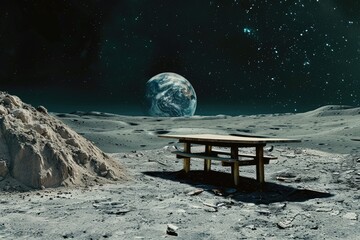 A negotiation table set on the moon with Earth rising in the background - obrazy, fototapety, plakaty