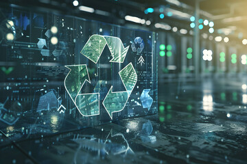 An opaque image of a recycling symbol with embossed digital patterns representing sustainable innovations, against a dark green background - obrazy, fototapety, plakaty