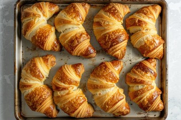 Fototapeta premium An overhead shot of a baking tray filled with golden brown croissants