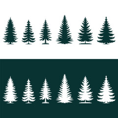 VECTOR SILHOUETTE SET OF SPRUCE TREES ISOLATED ON WHITE AND GREEN BACKGROUND