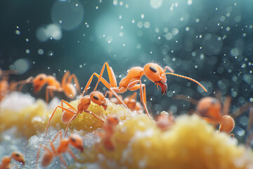 Group of ants, brown, macro, 3D cartoon, full of ants in close-up detail.