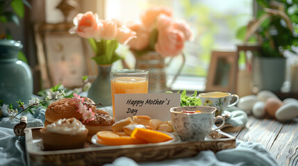 A beautifully decorated tray of food sits on a wooden table, adorned with a colorful Happy Mothers Day sign. The scene radiates love and appreciation for a special mom