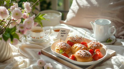 Indulge in a plate of pastries and a soothing cup of tea on a cozy bed,  Breakfast in bed Mother`s Day concept