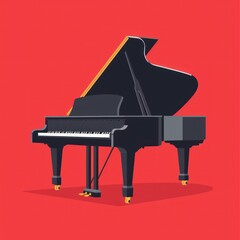 Black grand piano isometric style colorful  illustration on red background