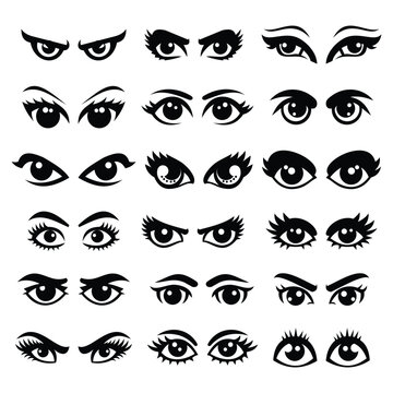 EIGHTEEN VECTOR SILHOUETTE SET OF EYES ISOLATED ON WHITE BACKGROUND